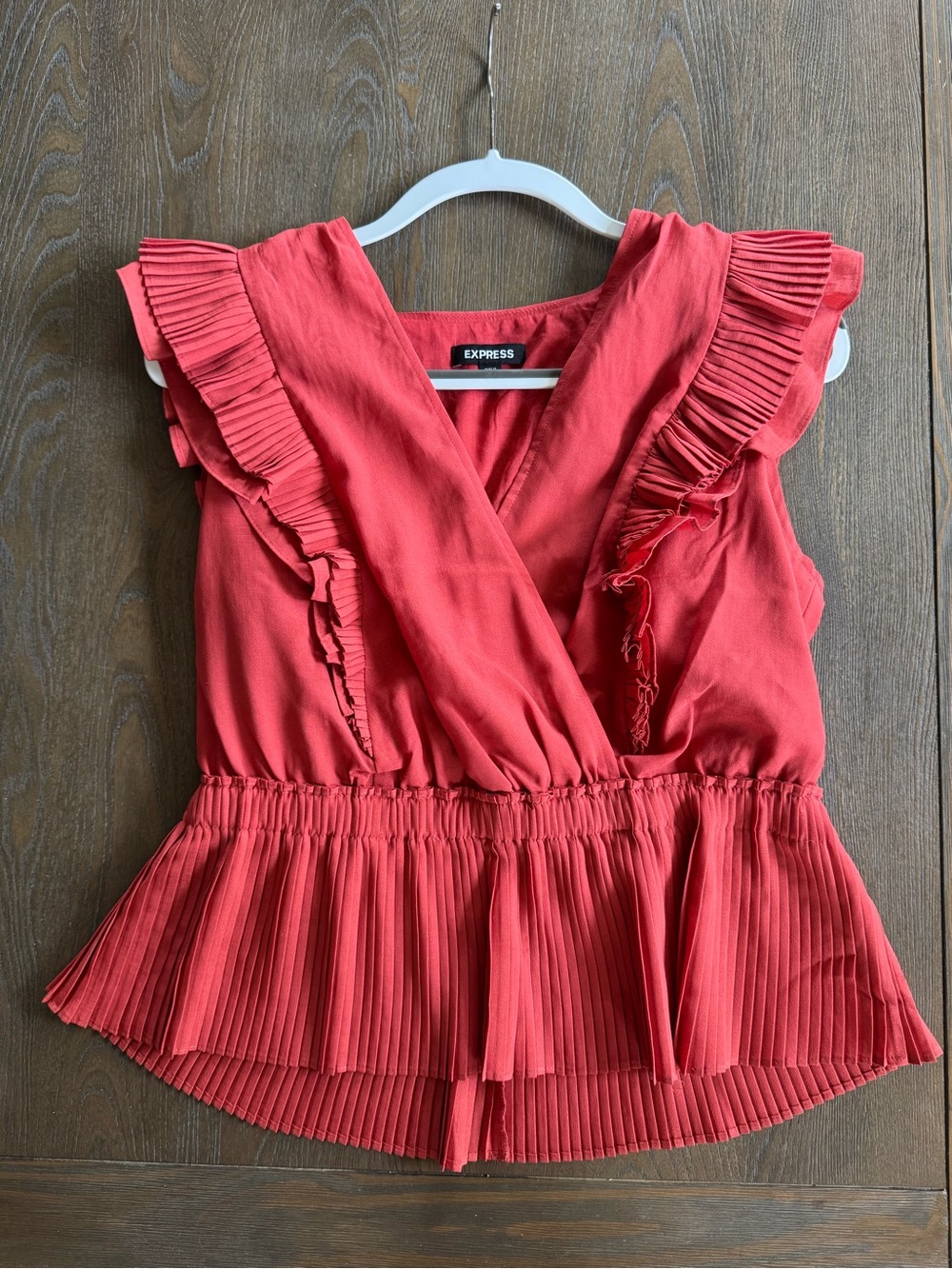 Express Coral Red Ruffled V-Neck Peplum Blouse